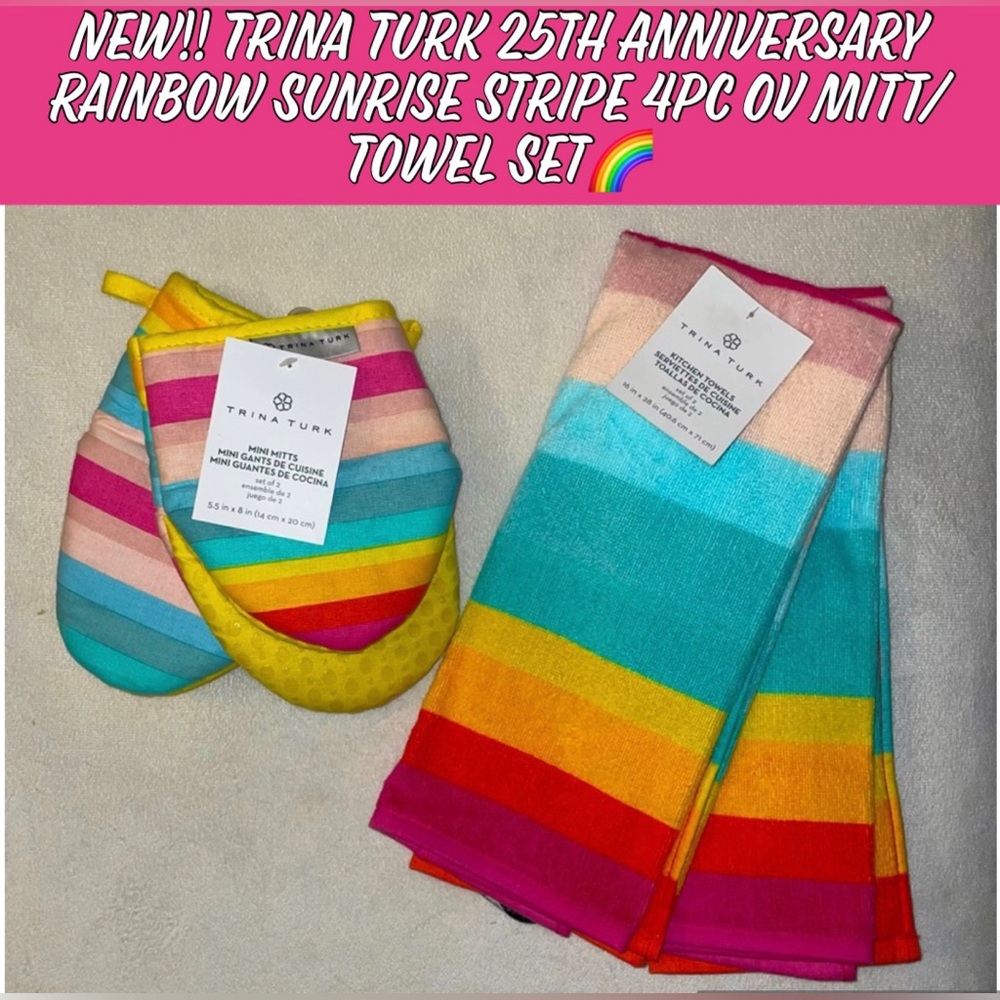 New!! Trina Turk 25th Anniversary Rainbow Sunrise Stripe 4pc Ov Mitt/Towel Set🌈